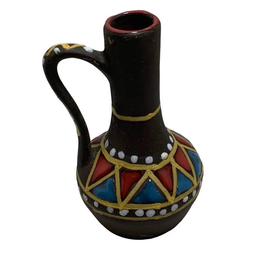 Small Pottery Vase/pot. Hand Painted With Handle 3.75” Tall