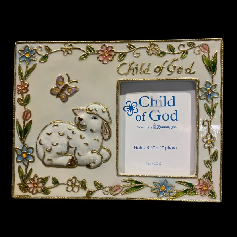 Rare Roman Inc. Beautiful Ceramic Frame “Child Of God” Lamb And Butterfly
