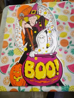 Vintage Halloween Yard Sign - Witch With Cauldron & Mouse Ghost “Boo!”