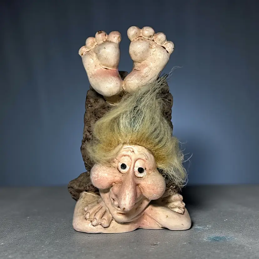 VTG Ceramic Troll Gnome With Hair Feet Over Head 3"