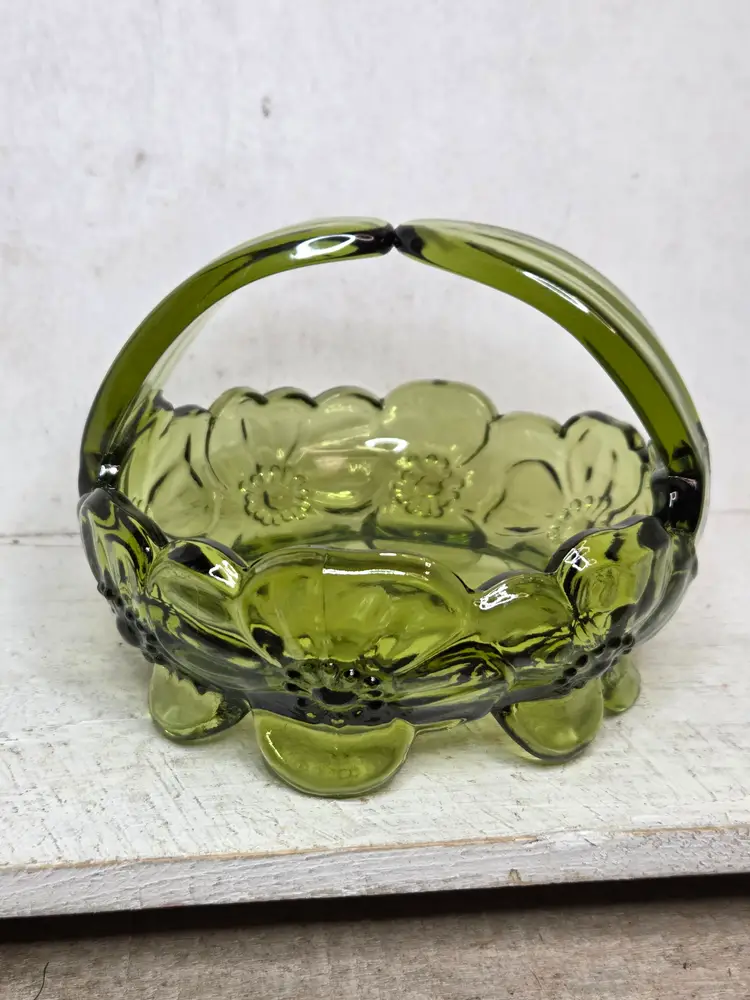 Westmoreland Olive Green Glass Basket w/ Dogwood Pattern.