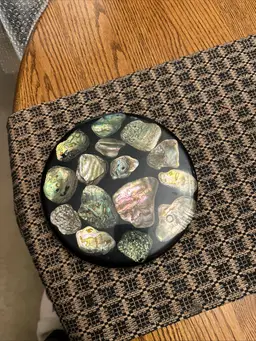 Vintage MCM Abalone Shell Lucite Trivet Round Hot Plate Footed Iridescent