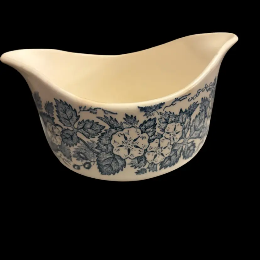 Blue Transferware Double Spout Gravy Boat Floral With Embossed Detail