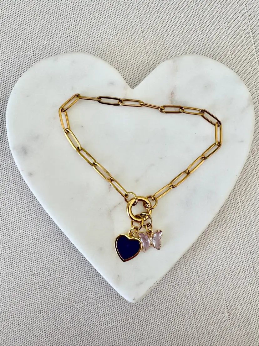 Purple  Enamel Heart And Glass Butterfly Charms On Changeable Charm Holder Bracelet # 166