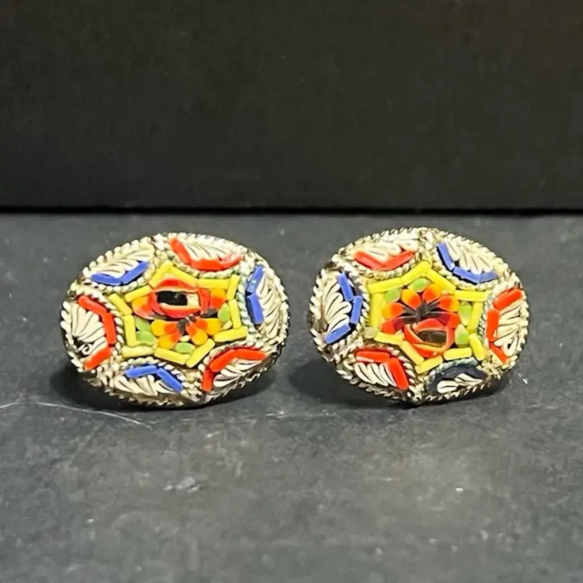 Pair Of Floral Micro Mosaic Screw Back Earrings ~0.75” x 0.5” each