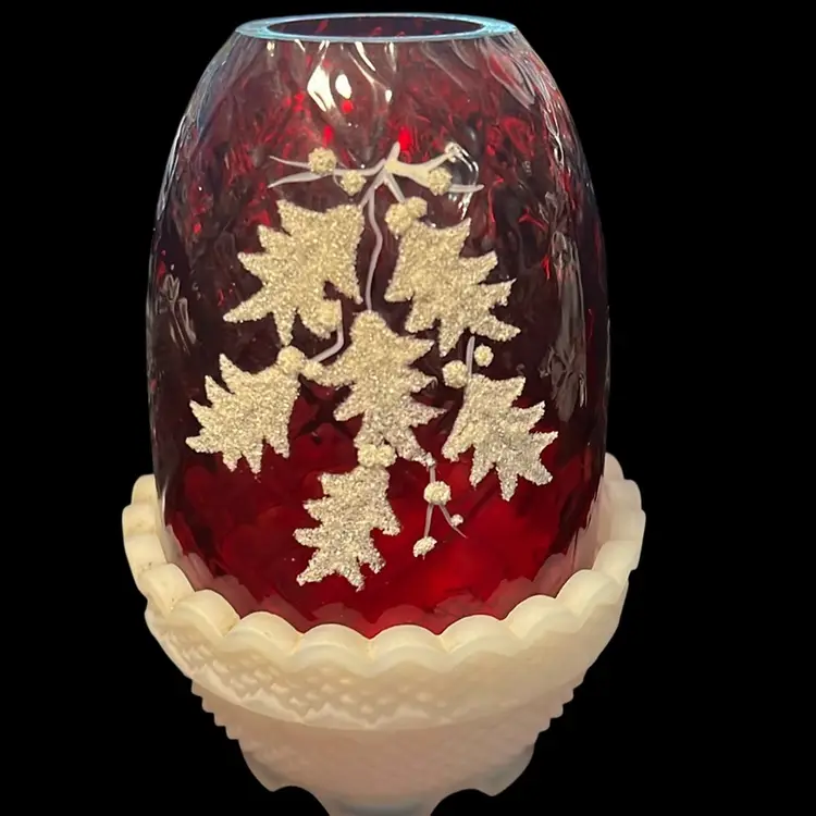 Christmas, Vintage Fenton Fairy Lamp 2 Pc, Stamped Signed ruby red  And White Frit holly and berry decoration.