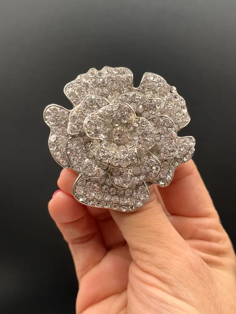Large Heavy Vintage Pave Rhinestone Silver Tone Flower Brooch Pin 2”