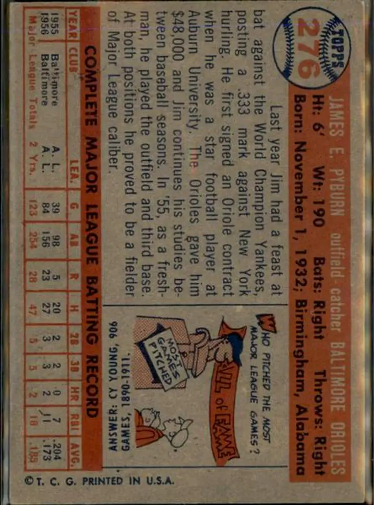 1957 Topps #276 Jim Pyburn - ( pk1 ) - Baltimore Orioles
