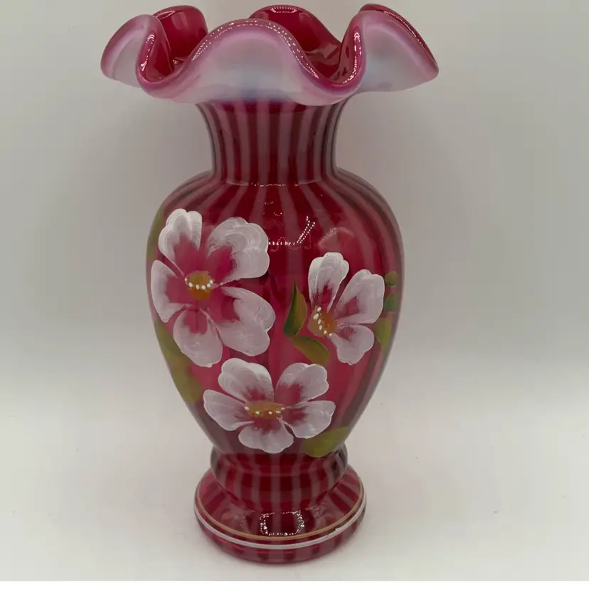 Z.Fenton Cranberry Opalescent signed J.Cutshaw Ruffled stripe floral vase 6.5"H