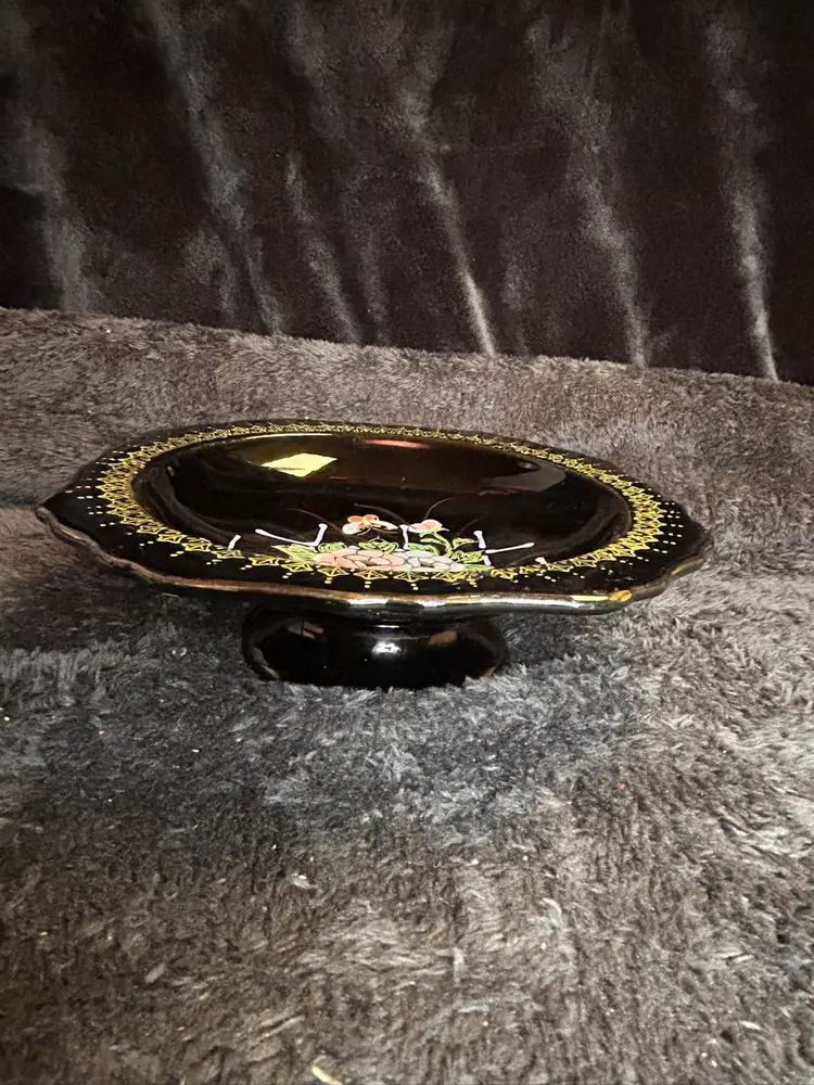 Vintage  Tashiro Shoten Black Pedestal Dish Hand Painted Flowers & Butterfly