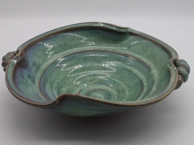 Signed Studio Art Pottery Bowl, Glazed Green Purple Swirl with Twisty Handles