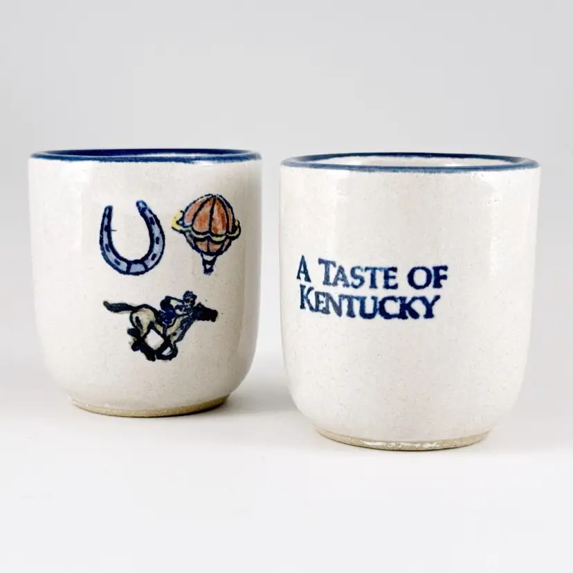 2 Louisville Stoneware Pottery Shot Glasses, "A Taste of Kentucky" Derby Horse Racing