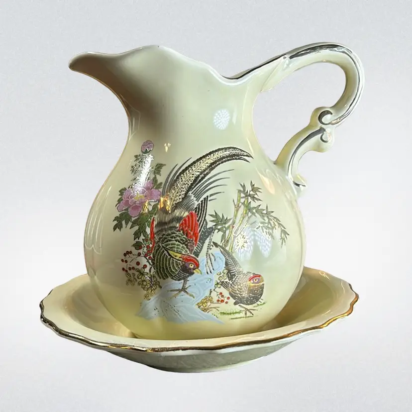 21 Vintage Bird Of Paradise Oriental Gold Trimmed Pitcher With Bowl