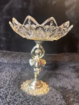 Vintage Cut Glass Pedestal Compote w/ Winged Cherub Angel Base 7" Tall
