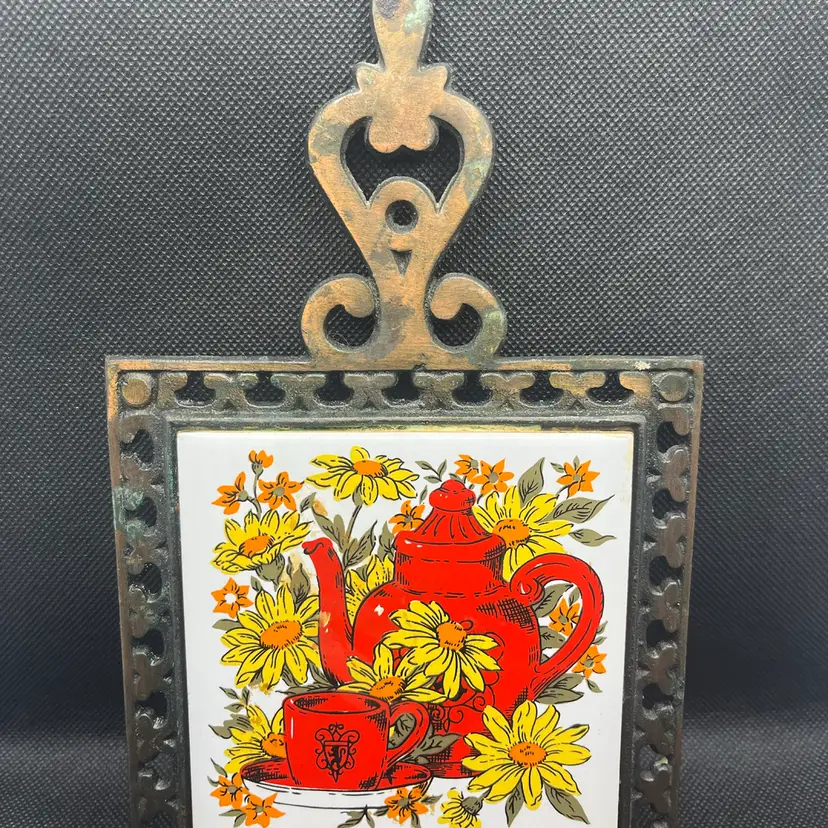 Vintage cast iron and ceramic tile trivet red teapot and teacup yellow flowers