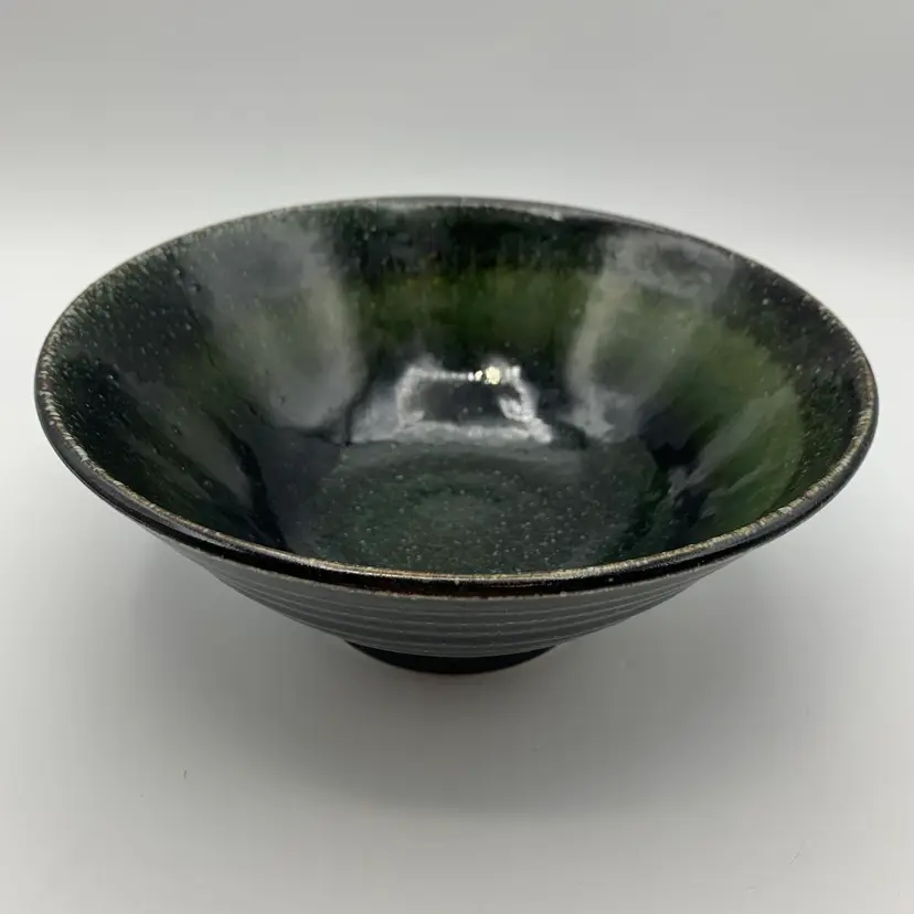 Japanese Noodle Soup Bowl Green Vintage Ceramic Pottery Glazed 8" x 3"