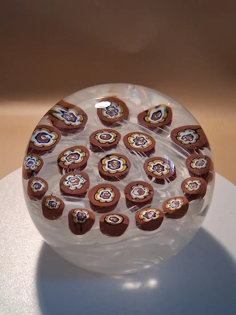 Vintage Gentile Glass 3.25" Size White/Red Version Millefiori Paperweight
