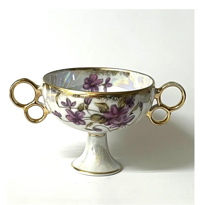 Royal Sealy Japan Lusterware Pedestal Compote Bowl Pearly Glaze Purple Violet Flowers Double Handled 3.5 in Height