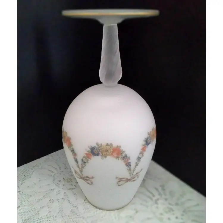 Large Art Glass Goblet Frosted White w/Flowers and Ribbons