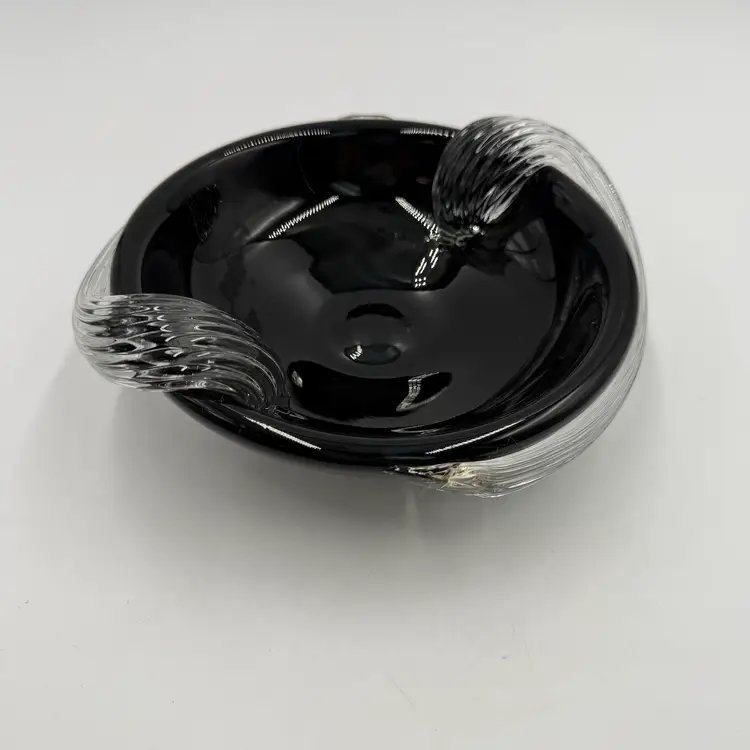 Art Deco Style Hand Blown Black Glass With Applied Clear Ribbed Wrap Vintage Dish