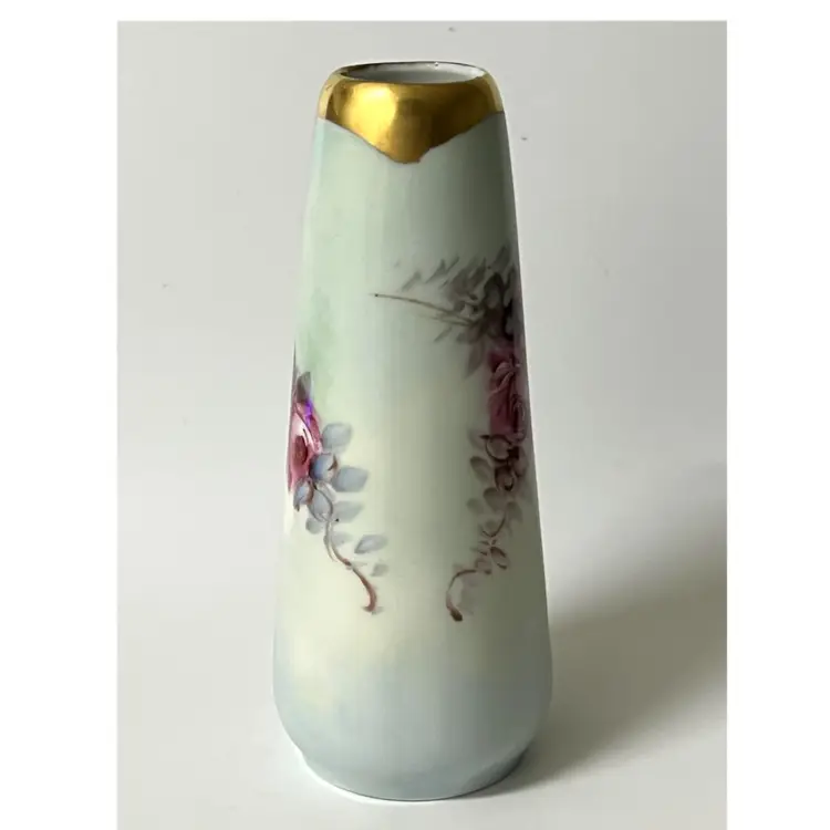 O & E.G. Royal Austria Small Hand Painted Pink Roses Gold Trim Flower Bud Vase 5.2 in Height