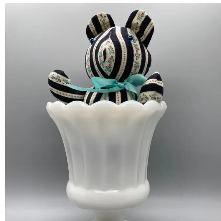 Hand Sewn Black Cream Striped Pink Flower Buds Blue Eye Teddy Bear Shelf Sitter 7"