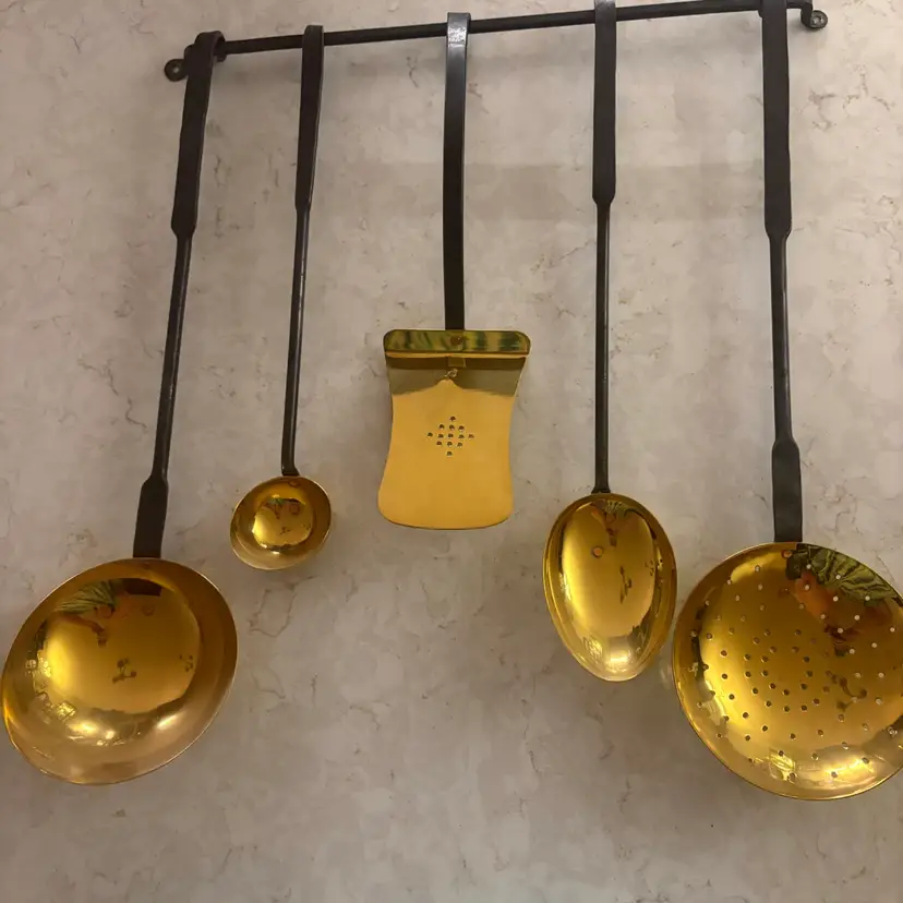 Brass & Wrought Iron Kitchen Utensil Set w/ Wall Rack - 5 Piece