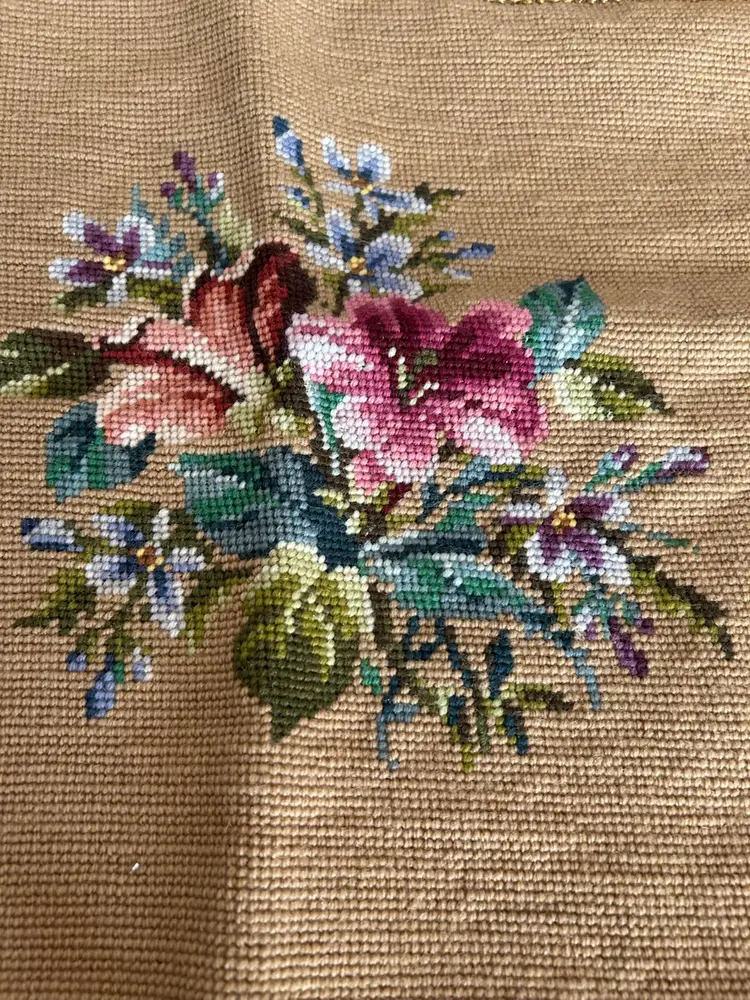 Needlepoint Floral And Gold Tapestry Style Pillow Cover With Fringe Trim 
@ 24x16
