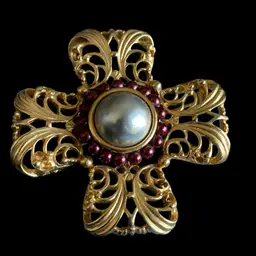 Napier Maltese Cross Gold Tone Brooch Faux Grey Pearl Center Surrounded By Burgundy Beads