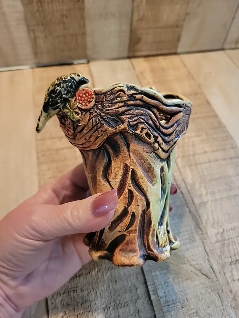 Signed Studio Art Pottery Vase Judy Brater OOAK Bird Knoxville TN Berries USA