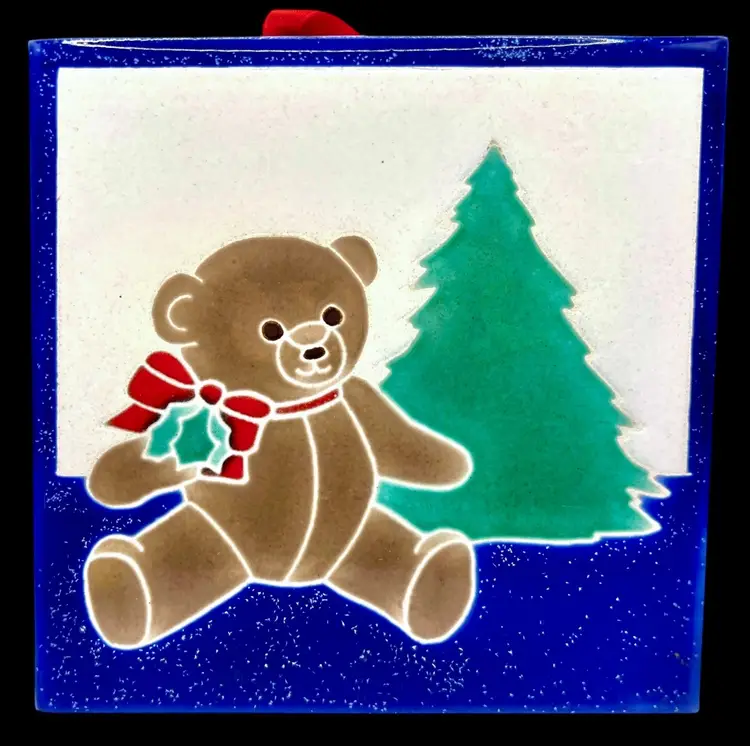 Hand Painted Kibak Design Tile Trivet Hanging Christmas Teddy Bear Tree Oregon