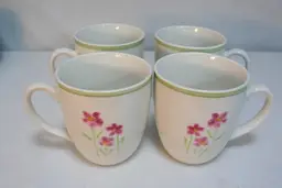 Thomson Pottery China Pink Floral Tea Coffee Green Rim Cups Mugs Set of 4 RARE