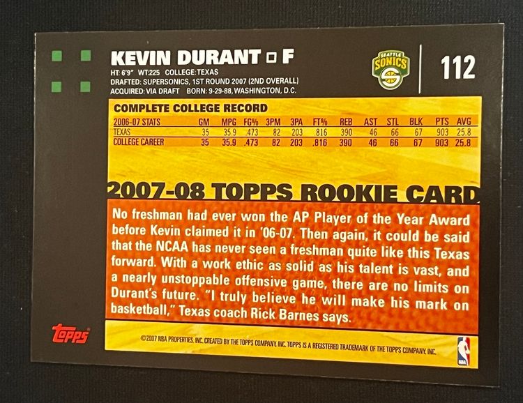 KEVIN DURANT 2007-08 Topps Rookie Card RC #112 Seattle Supersonics Houston Rockets
