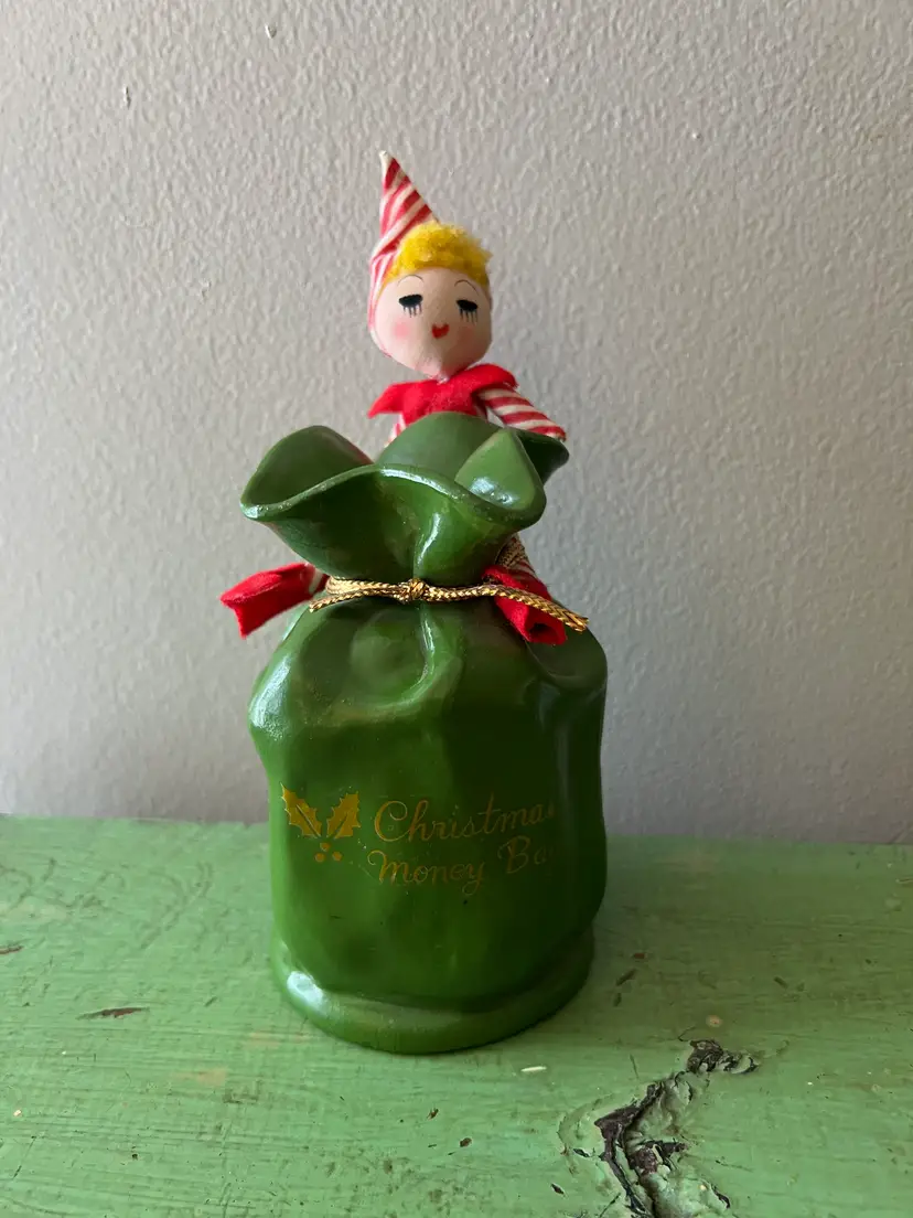 Retro Elf Christmas Bank. Christmas Money Bag 1960s Made in Japan Around the World with J.A.C. 7.25" tall