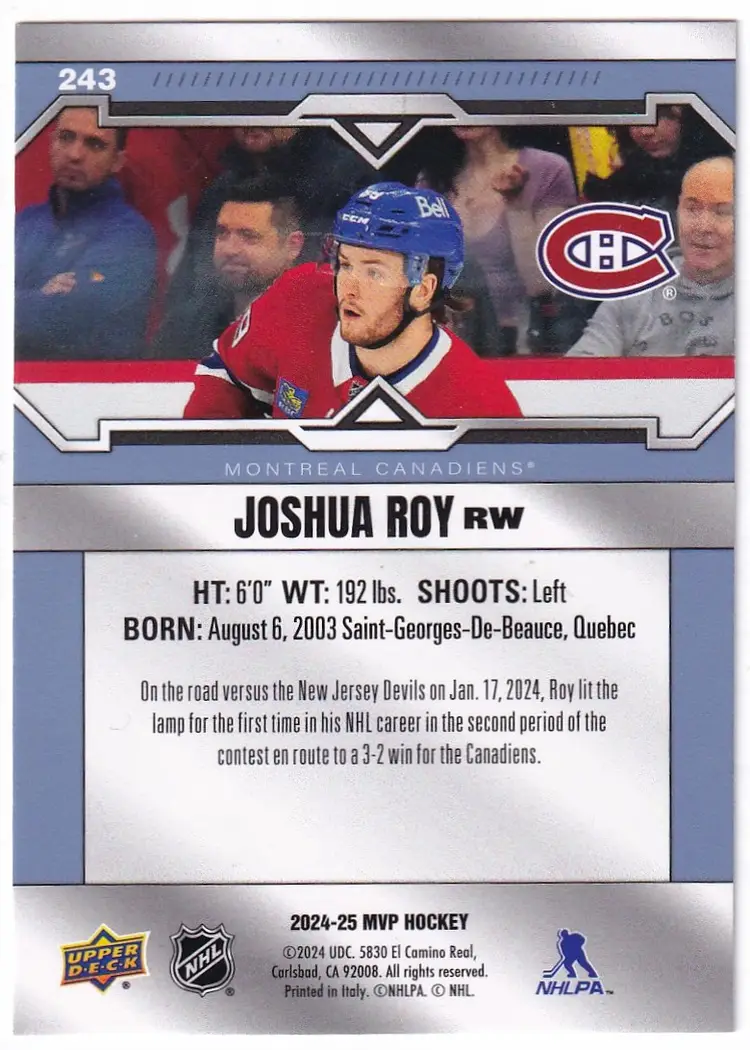 2024-25 Upper Deck MVP #243 Joshua Roy SP RC Montreal Canadiens Hockey Card