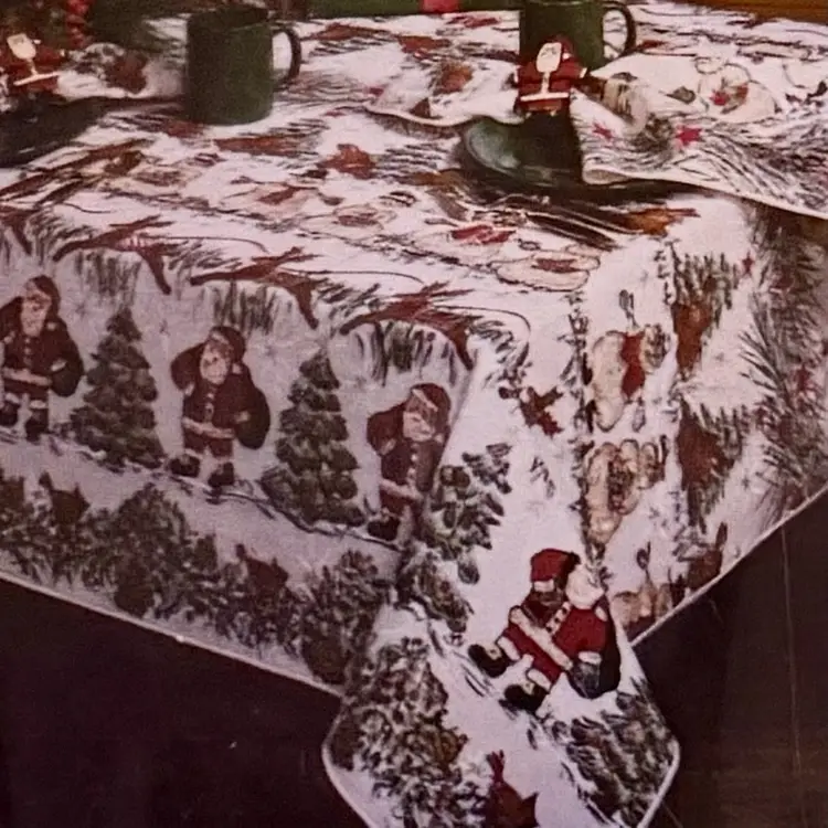 Santa’s Friends (1) Oblong Table Cloth 60x120 & (12) Napkins 100% Cotton Multicolor Santa•Snowmen•Bunnies•Deer•X-Mas Trees
Fits Table 36” x 96” To  48” To 106”