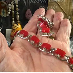 Red thermoset bracelet, and matching earrings