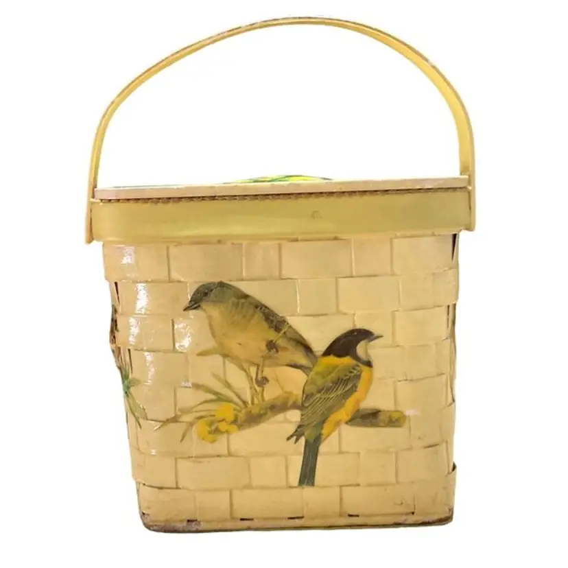 VINTAGE YELLOW BASKET PURSE BIRDS PALM BEACH FLORIDA 1960 ANNIE LAURIE WOMENS