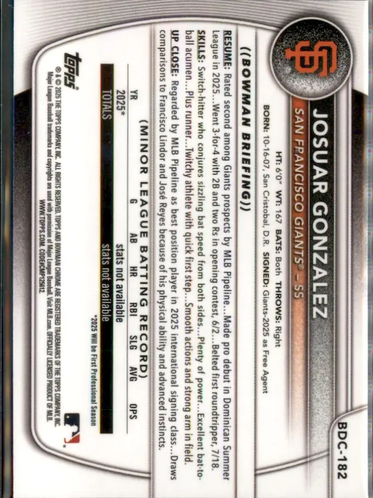 2025 Bowman Draft #BDC-182 Josuar Gonzalez Chrome - (138) - San Francisco Giants