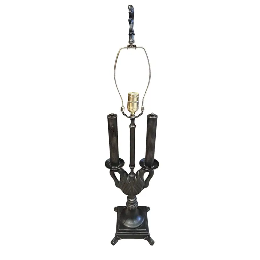 Vintage Metal Candelabra Art Nouveau Table Lamp Double Swan No Shade