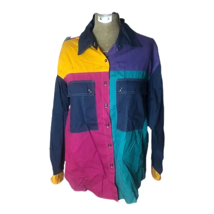 Styles To Go Brand 80’s Color Block Button Up Vibrant Yellow Purple Pink Teal