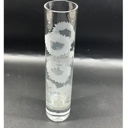 VTG -Schmid Portugal 7" - Straight Clear Glass Etched Floral Bud Vase- Chrysanthemum