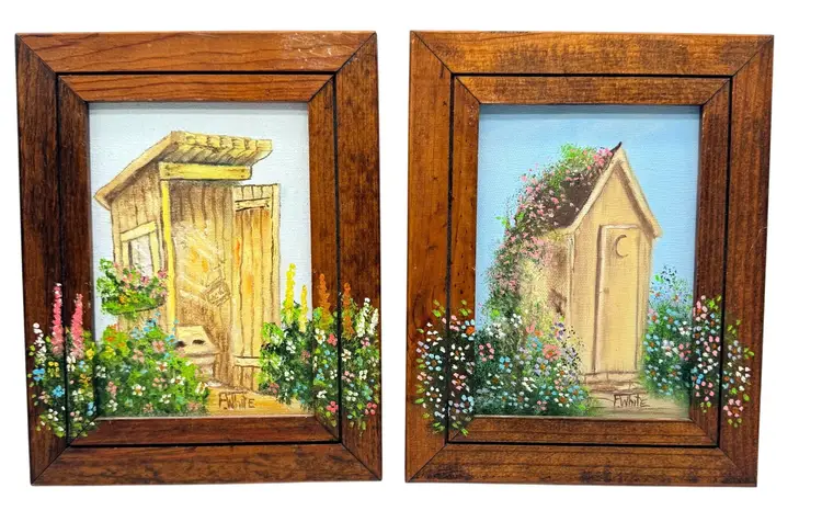 Original F.White Oil Paintings of Rustic Outhouses In Wooden Frames 7.5" x 9.25"