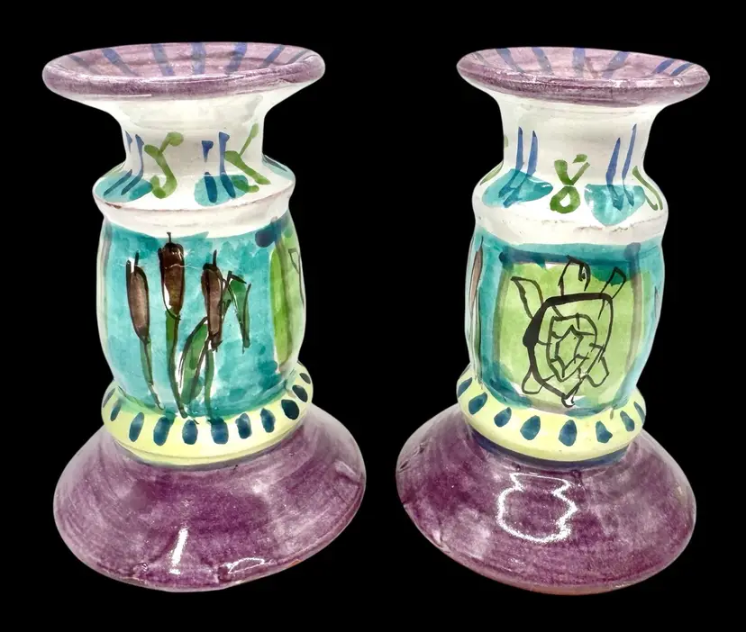 Signed Studio Art Pottery Candlestick Set Purple Blue Green Turtle Cattails