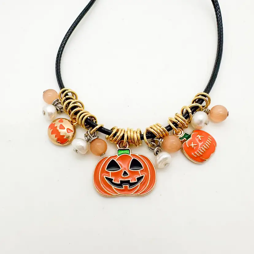 Halloween Necklace Pumpkins Pearls Handmade