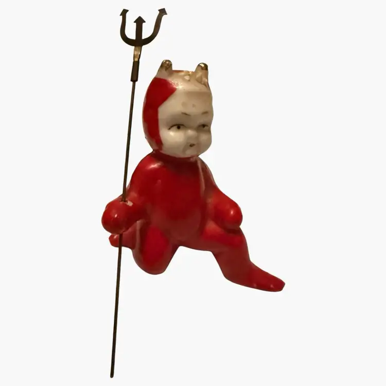 Japan Little Kitschy Red Devil Pixie Elf Figurine with Original Pitchfork 4”