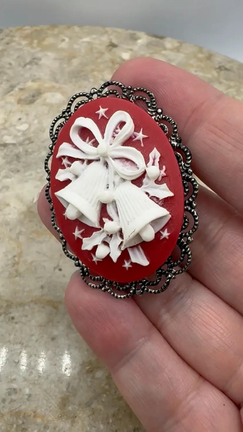 Vintage Christmas Bells Cameo Brooch & Pendant