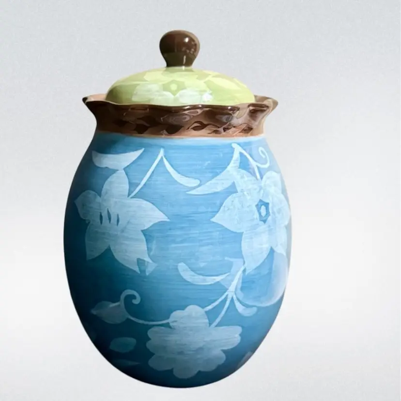 Pfaltzgraff Patio Garden Ceramic Canister Cookie Jar w/ Lid  Large Floral Print Blue Green & Brown 10.5” T x 6” W