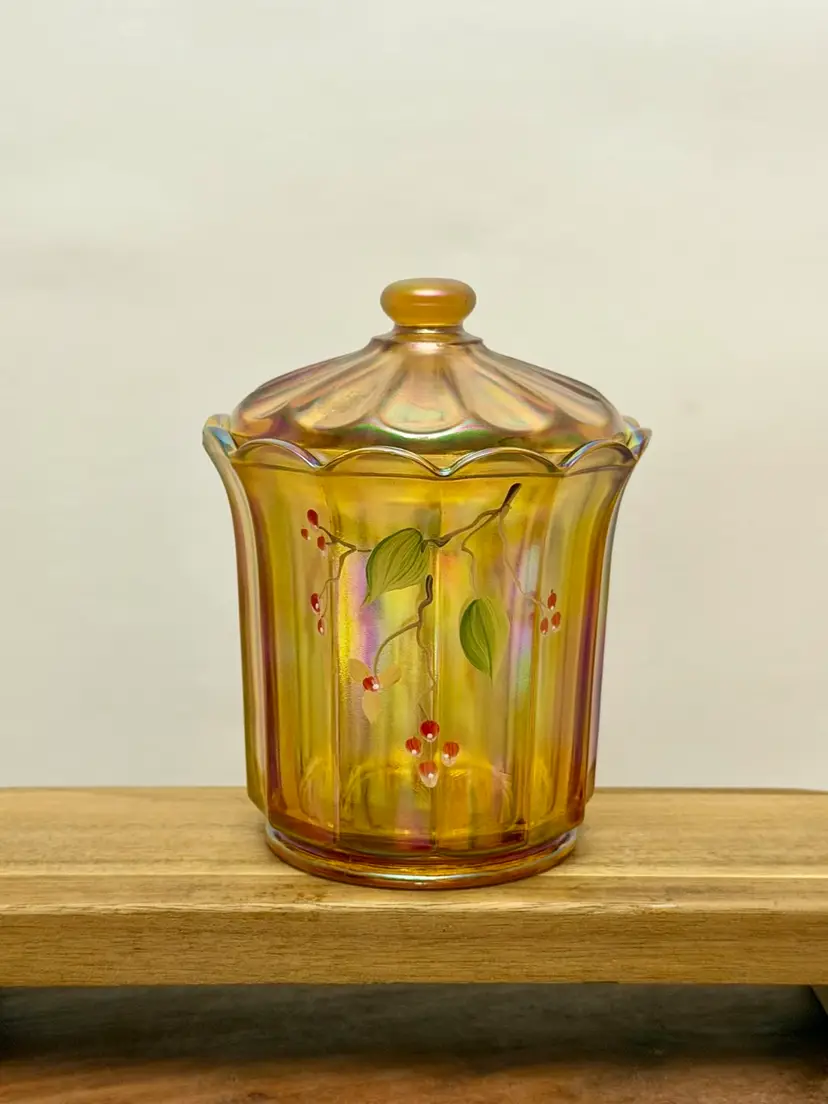Fenton Hand Painted Autumn Gold Berries Covered Candy Jar