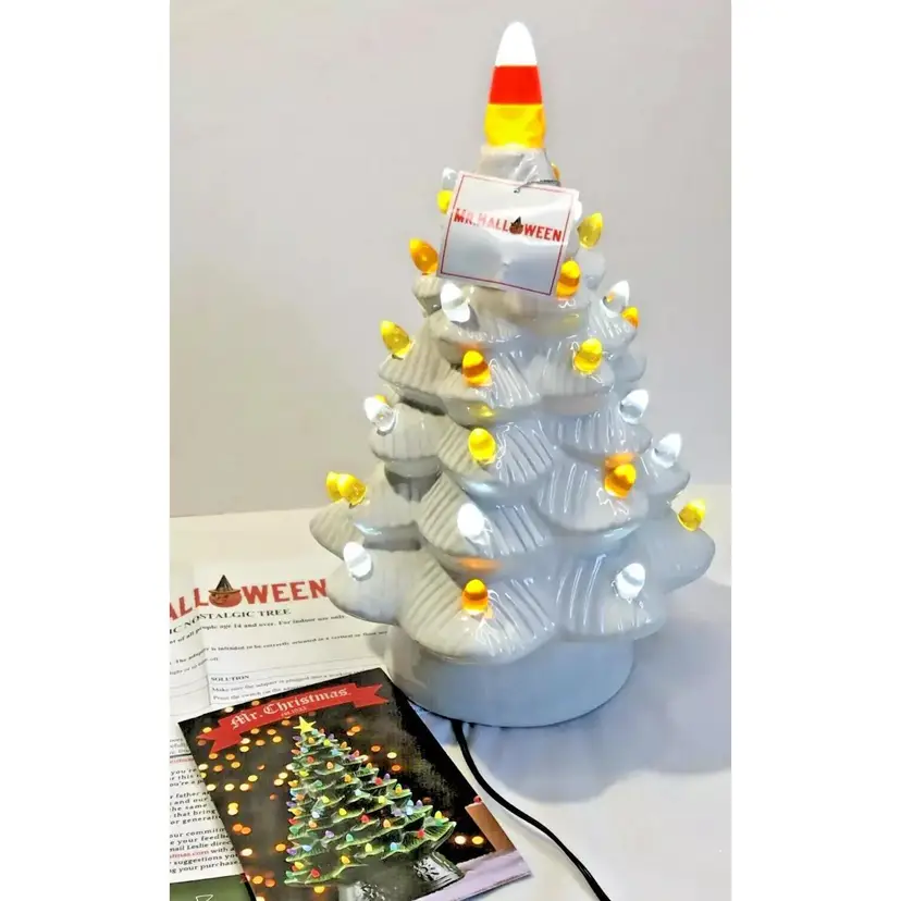 Mr Halloween Ceramic Haunted Tree White Candy Corn LED Lighted Mr Christmas New